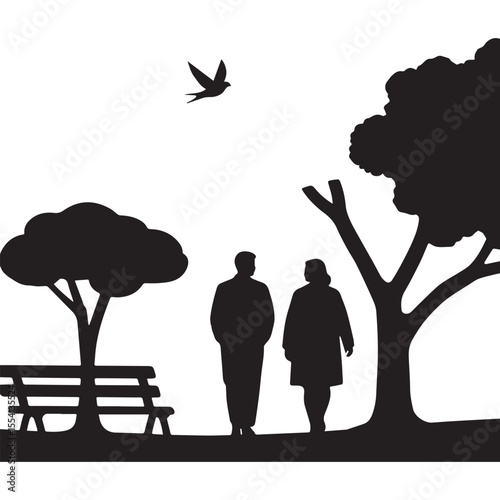 Silhouette of a couple walking in a park with a tree and a bird flying above Silhouette on white Background. 