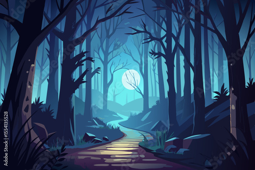 Mysterious Moonlight Forest Path path winds through dark spooky forest night under pale moon forest path moonlight night spooky dark trees illustration fantasy nature landscape