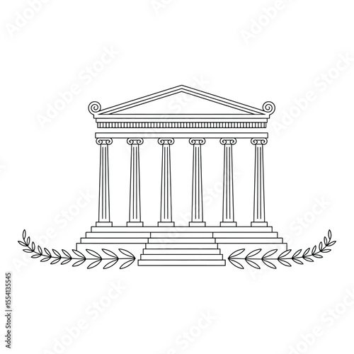Greek temple with columns and laurel wreath isolated on white background