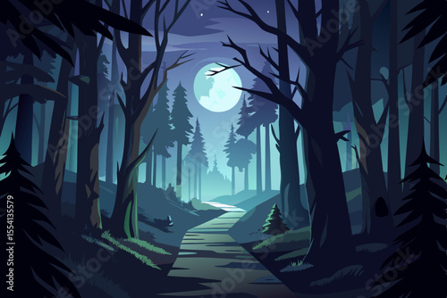 Mysterious Moonlight Forest Path path winds through dark forest night under full moon forest night moon path trees landscape nature illustration fantasy spooky moonlit woods