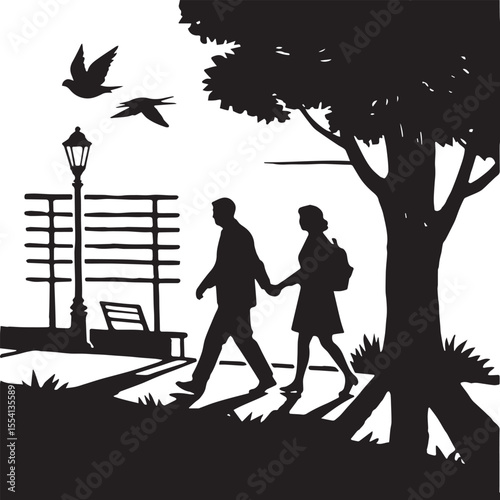 Silhouette of a couple walking in a park with a tree and a bird flying above Silhouette on white Background. 