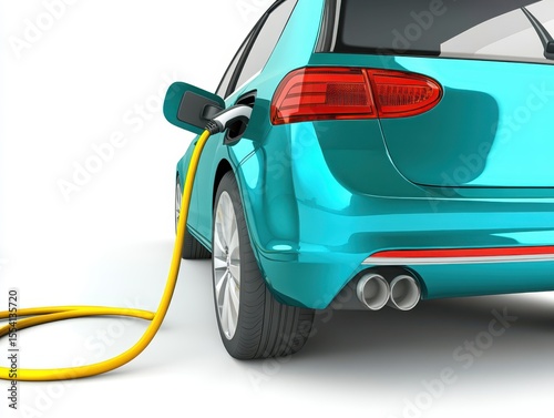 Turquoise electric car being charged, plugged in with cable