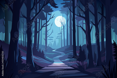Moonlight Path Through a Dark Forest stylized illustration moonlit forest path winding through tall trees forest moonlight night path trees landscape illustration nature woods dark