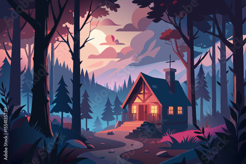 Cozy Cabin in the Mountain Forest at Sunset charming cabin nestled tranquil forest twilight surrounded tall trees and mountains cabin forest mountains sunset twilight trees