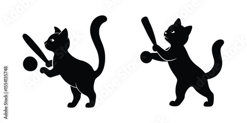 Kitten Batting Ball Flat Silhouette on White Background