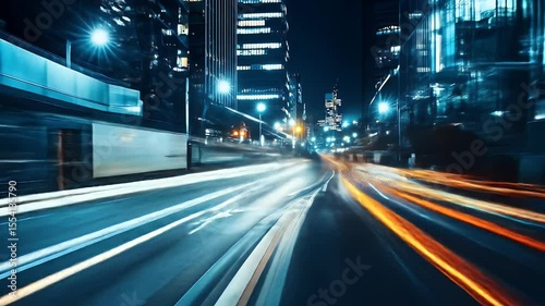 Cityscape at Night with Light Streaks from Cars on Road Underneath Buildings Illuminated by Streetlights in Blue and Orange Hues
