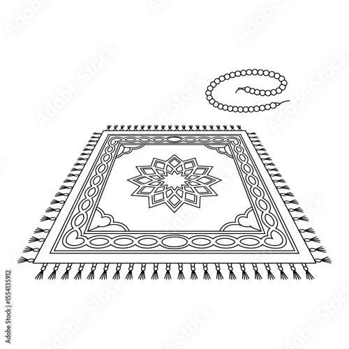 Islamic prayer rug and tasbih isolated on white background in vector