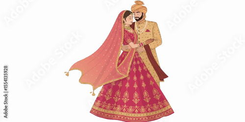 Vector Illustration of Indian Wedding Couple in Traditional Attire