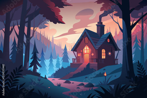 Cozy Cabin in the Misty Forest at Dawn whimsical illustration small house nestled tranquil forest dawn cabin forest house illustration fantasy nature landscape cartoon sunrise