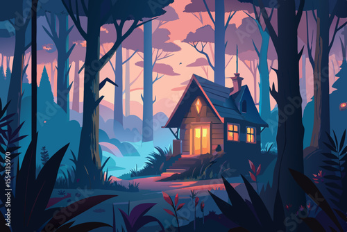 Cozy Cabin in a Colorful Forest at Dusk whimsical illustration small cabin nestled within vibrant forest sunset cabin forest sunset illustration nature woods landscape art