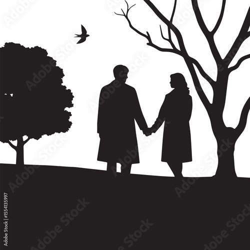 Silhouette of a couple walking in a park with a tree and a bird flying above Silhouette on white Background. 