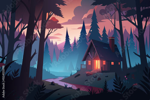 Cozy Cabin in the Twilight Forest vibrant illustration rustic cabin nestled tranquil forest dusk cabin forest sunset twilight nature illustration landscape woodland trees mountains river