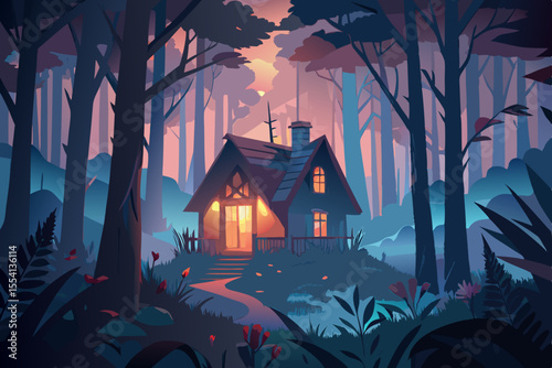 Cozy Cabin in a Mystical Forest at Dusk charming little house nestled vibrant forest sunset Warm light shines from the windows forest cabin house sunset
