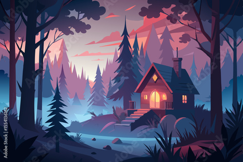 Charming Cabin in a Peaceful Forest at Dusk cozy cabin nestled vibrant forest twilight Soft colors and stylized trees create serene atmosphere cabin forest sunset