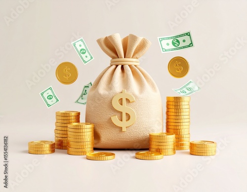 3D rendering of a money bag surrounded by stacks of gold coins and floating dollar