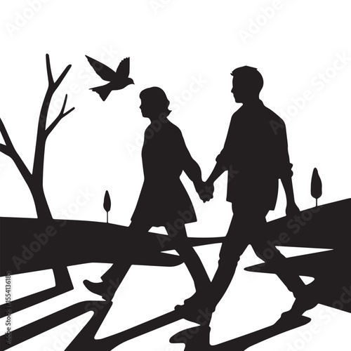 Silhouette of a couple walking in a park with a tree and a bird flying above Silhouette on white Background. 