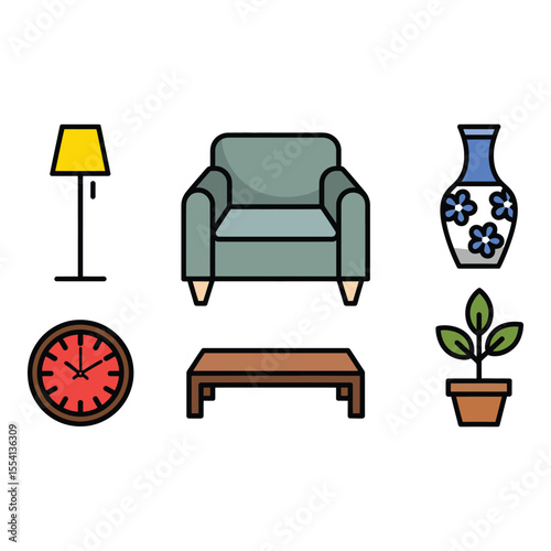 Living room furniture arrangement with lamp chair and vase illustration