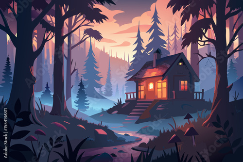 Cozy Cabin in a Misty Forest at Dusk charming cabin nestled tranquil forest sunset Warm light emanates from the cabin s windows cabin forest sunset illustration