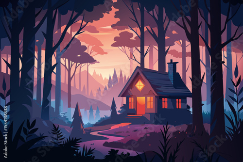 Enchanted Forest Cabin at Sunset cozy cabin nestled vibrant forest dusk bathed warm sunset hues forest cabin sunset illustration fantasy nature landscape trees woods cottage