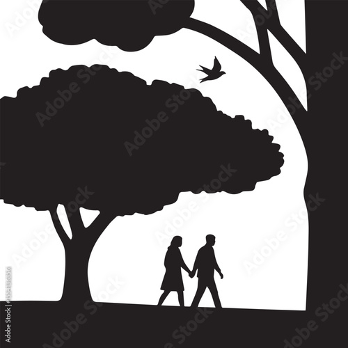 Silhouette of a couple walking in a park with a tree and a bird flying above Silhouette on white Background. 