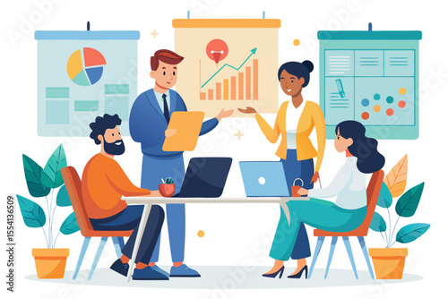 Business Team Meeting with Data Presentation Diverse business team engaged meeting discussing data and graphs business meeting teamwork presentation data analysis graphs charts business collaboration