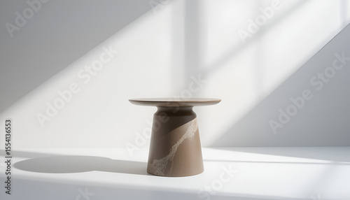 Sleek modern pedestal table sits on a minimalist white platform, bathed in soft, natural light showcasing its elegant design.
