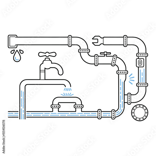 Pipes and plumbing system with water leaks isolated on white background