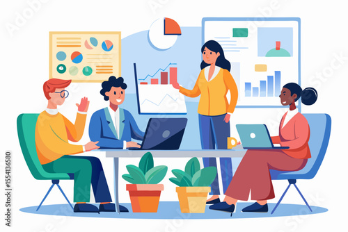 Business Team Meeting with Data Presentation Diverse business team engaged meeting reviewing data and graphs business meeting teamwork presentation data analysis graphs charts statistics reports