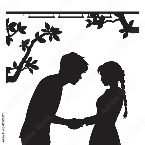 Silhouette of a couple walking in a park with a tree and a bird flying above Silhouette on white Background. 