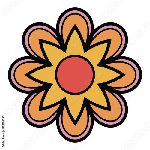 Retro flower design with orange petals and a red center isolated on white