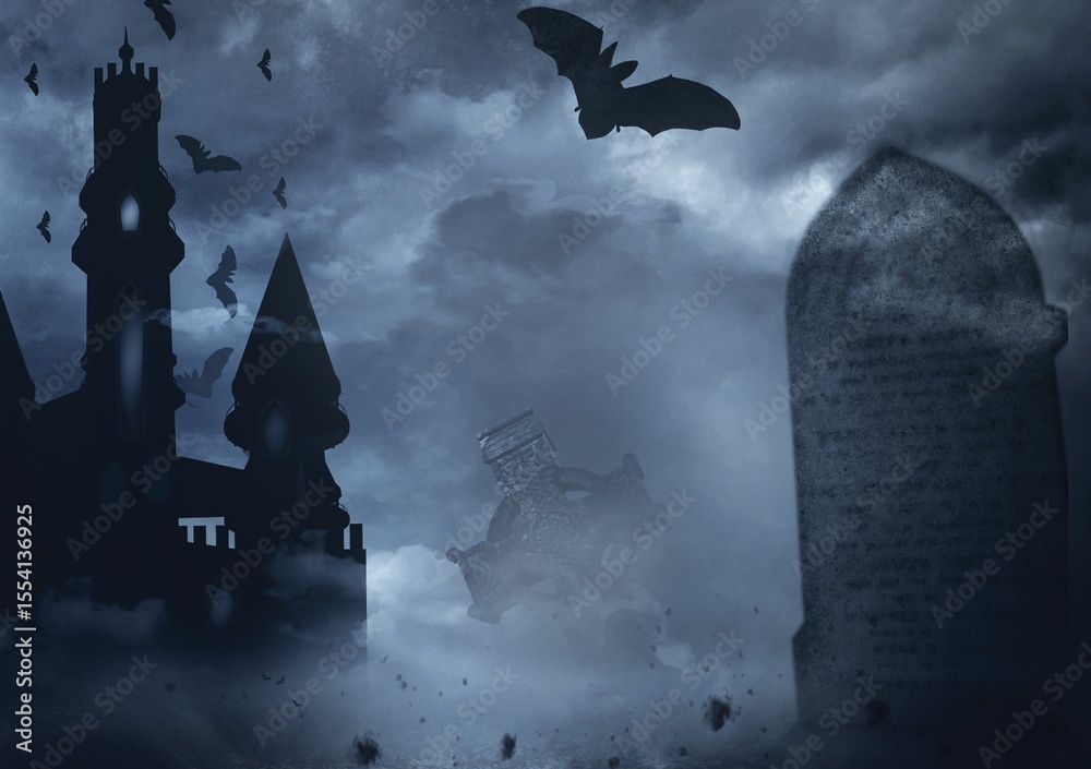 Naklejka premium Graphic image of bats flying over castle and tombstone