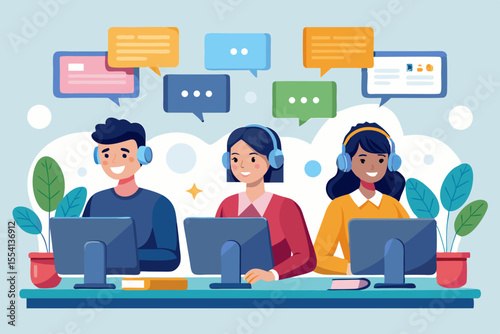 Customer Support Team Working on Computers Three people wearing headphones and sitting computers likely call center customer support call center support team customer service telemarketing