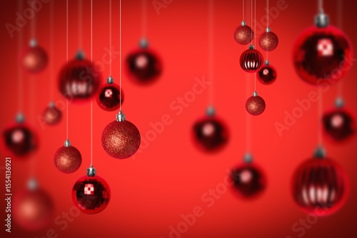 Hanging red Christmas baubles are showing multiple finishes on strings in 3D render, copy space