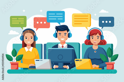 Customer Support Team Working on Computers Three customer service representatives with headsets are seated computers communicating via chat bubbles customer service support team call center
