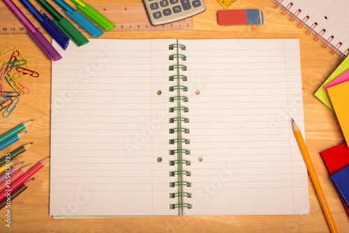 Overhead view is showing open spiral-bound notebook on wooden desk with pens, markers, calculator