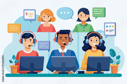 Customer Support Team at Work Diverse group call center agents working computers with headsets on customer support call center customer service support team headset computer