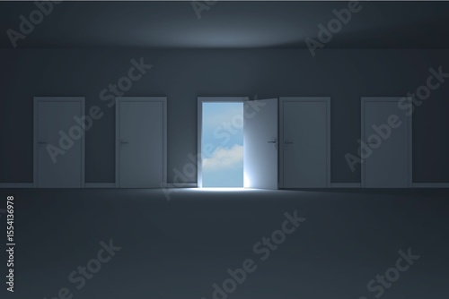 Door opening in dark room to show sky
