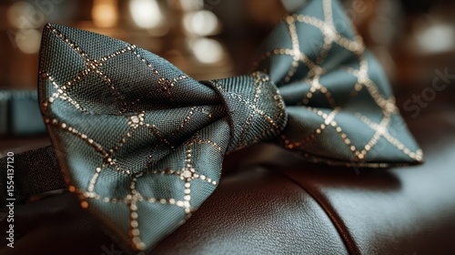 Elegant patterned bow tie on a leather surface, close-up shot
