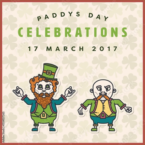 Square image of paddys day celebrations 17 march 2017 text with leprechauns on shamrock background