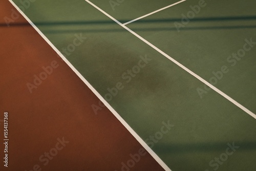 Flat-design court surface is showing brownish-red joining green with white lines and fence shadows