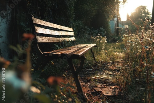 A bench in a garden bathed in sunlight with wildflowers and greenery