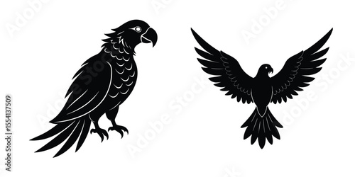 Parrot Preening Feathers Flat Silhouette on White Background