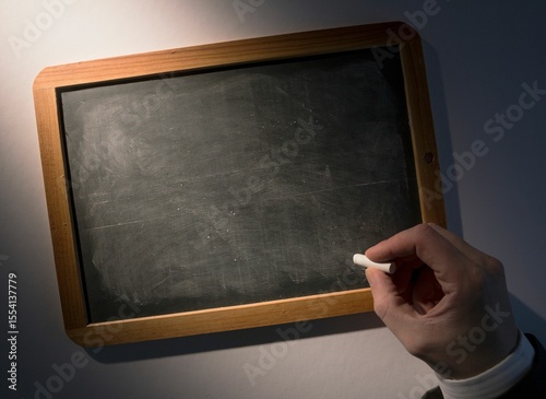 Hand holding chalk over chalkboard