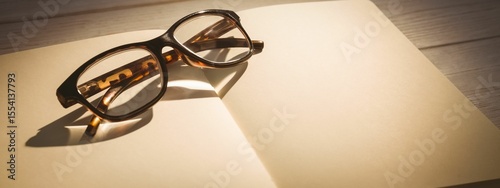 Flat design showing tortoiseshell eyeglasses is resting atop notebook under warm light, copy space