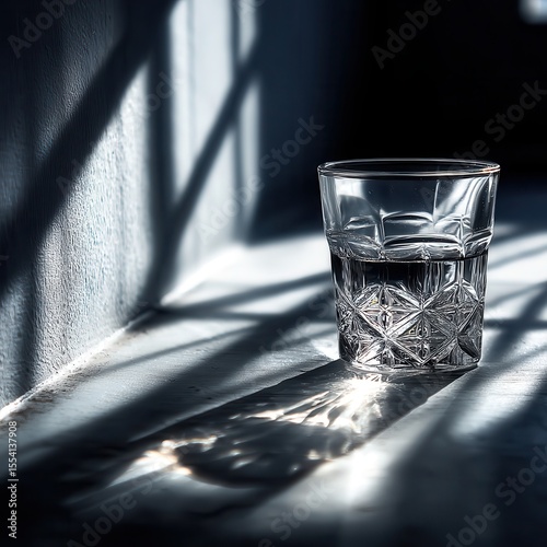 Glass of water with sunlight and shadows creating interesting patterns on the wall
