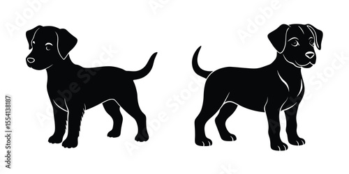 Puppy Standing Alert Flat Silhouette on White Background