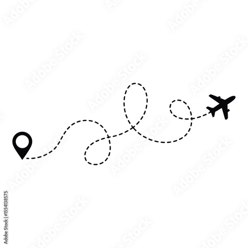 Airplane flight route with destination pin isolated on white background