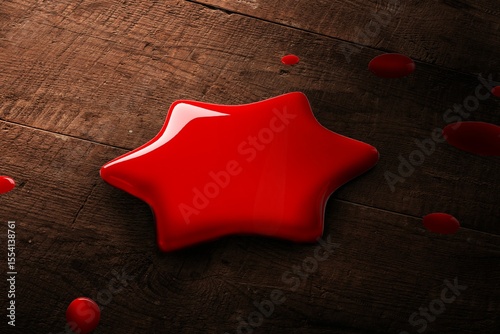 Flat design is showing glossy red star-shaped puddle on brown wood with scattered droplets