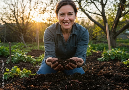 Woman kneeling holding soil in a garden with trees in the background