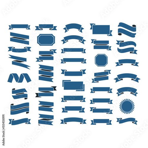 Collection of blue ribbon banners and labels isolated on white